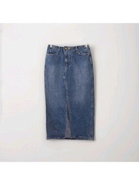 ZARA Blue Denim Midi Skirt M High Waist Front Slit Western Cotton Minimalist